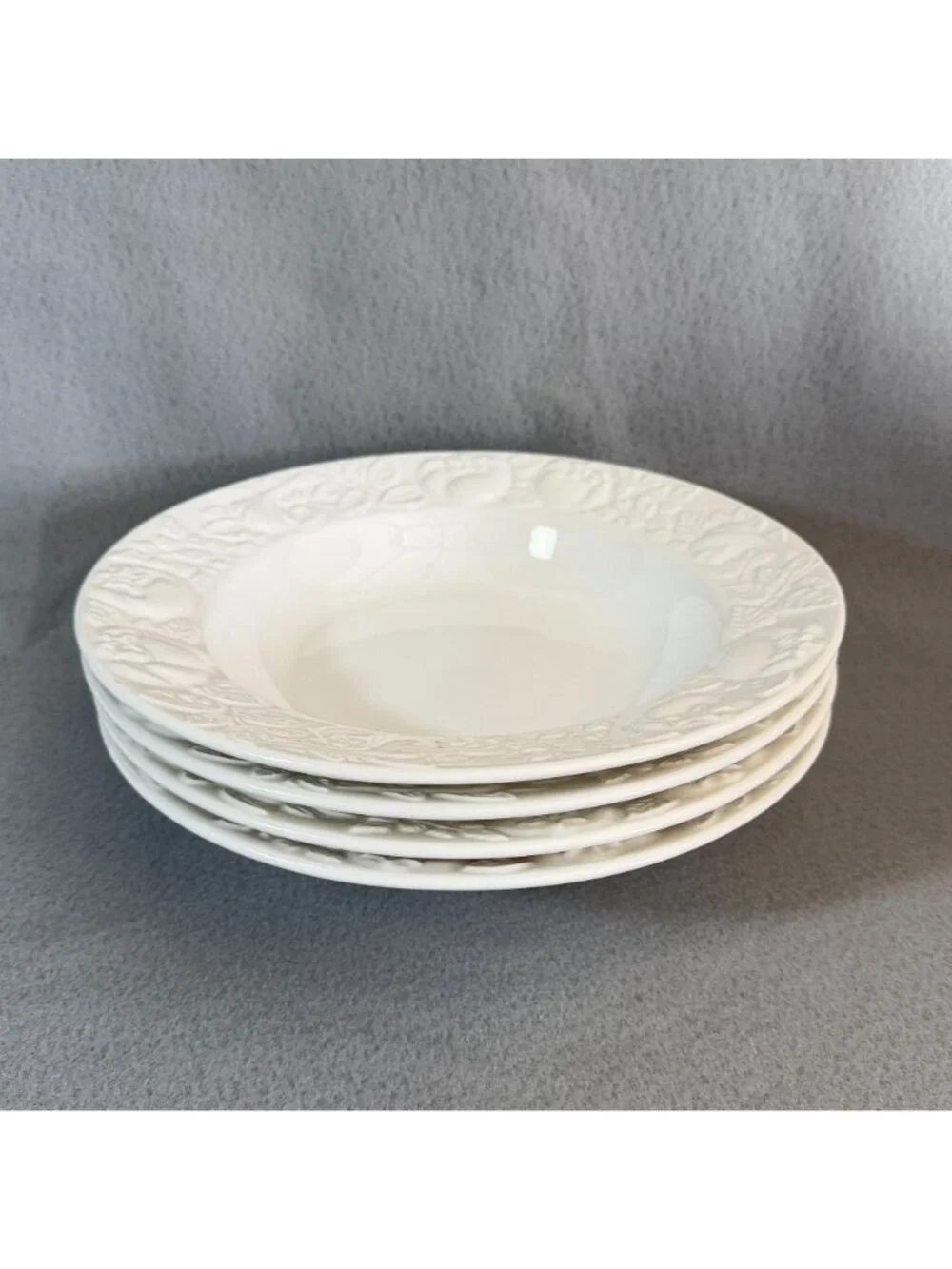 Vintage Over and Back Italy White Ceramic Pasta Soup Bowls Embossed Fruit Set of - Picture 2 of 12